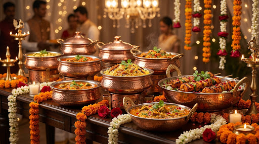 High-quality, professional photography of a luxury Indian wedding catering setup featuring traditional copper chafing dishes and vibrant floral decorations.